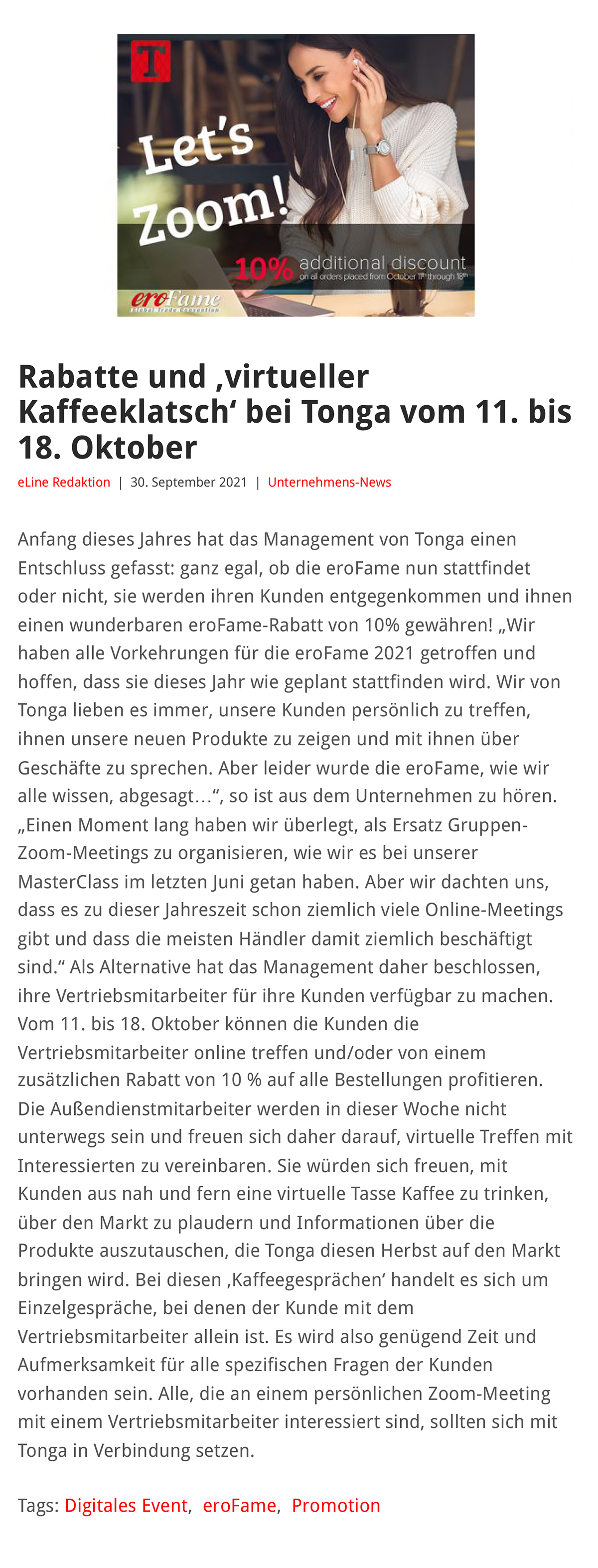 2021-09 eLine Online - Rabatte und virtueller Kaffeeklatsch bei Tonga